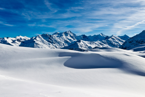 Tour du Montblanc beautiful mountain peaks and green valley. TMB trekking route scenic landscape in Alps in Chamonix valley alpine scene. Aiguilles du Chamonix