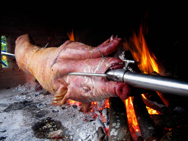 porchetta - roasted spit roasted roast pork barbecue grill imagens e fotografias de stock