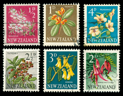 Set of old postage stamps depicting native wildflowers of New Zealand.