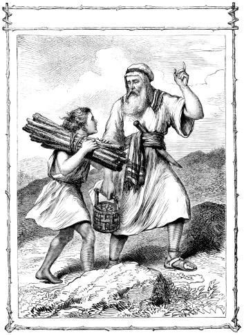 A scene from the Old Testament - Abraham and his son Isaac who is carrying the sticks for the 'burnt offering', or sacrifice, which Abraham had been asked by God to make of Isaac. Illustration from 