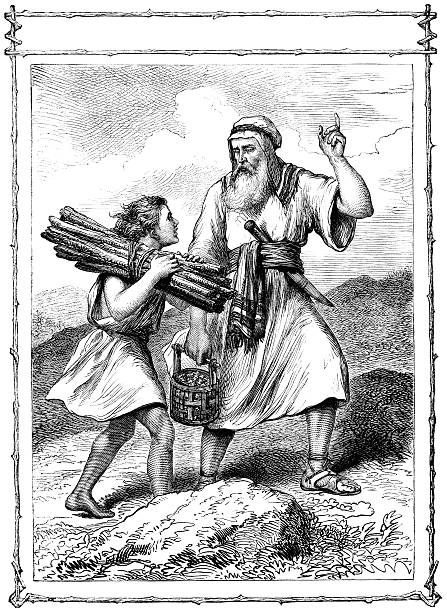 Abraham and Isaac (Victorian illustration) A scene from the Old Testament - Abraham and his son Isaac who is carrying the sticks for the 'burnt offering', or sacrifice, which Abraham had been asked by God to make of Isaac. Illustration from "The Children's Friend" Vol XIII, published by Seeley, Jackson & Halliday, S.W Partridge & Co. in 1873. father abraham stock illustrations