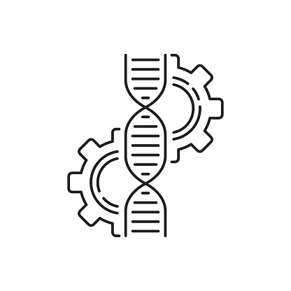 thin line gene and gear like dna editing icon. concept of error correction or molecule cloning or sequencing. flat linear trend modern graphic stroke design isolated on white background
