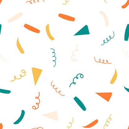 Pattern of confetti and crackers on a white background. Merry Fireworks. Bright decorations for a party and a holiday. Spiral and flakes. Vector illustration.