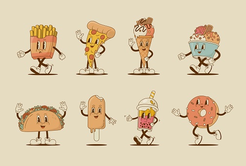 Set of retro 70s cartoon funny characters. Pizza, taco, ice cream, bubble tea, donut mascot. Vintage street fast food vector illustration. Nostalgia 60s, 80s