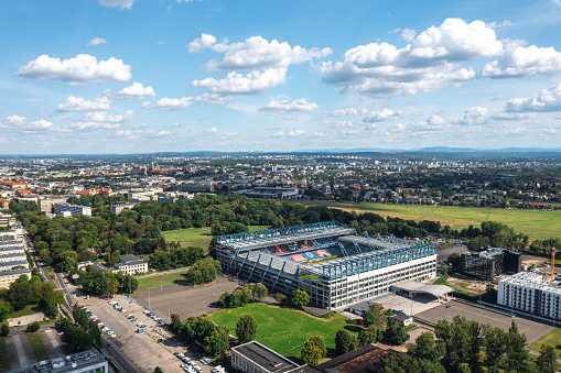 Kraków, Poland - July 2022: Aerial summer view of the Henryk Reyman's Municipal Stadium (Stadion Miejski im. Henryka Reymana), home ground for the Wisła Kraków football club
