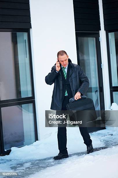 Homem De Negócios Fora Elegante Casa Na Neve No Telefone - Fotografias de stock e mais imagens de Negócios