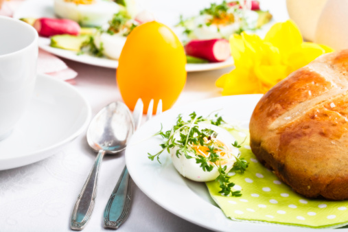 hot cross bun on plate, dettail of easter brunch