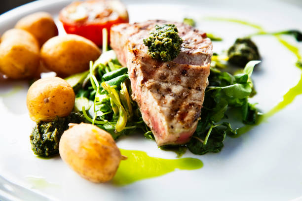 grilled tuna on herbs
