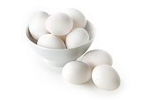 White eggs on white bowl against white background