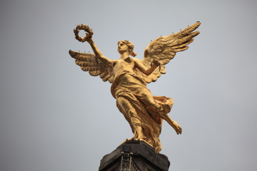 Mexico City, CDMX, Mexico, OCT, 16 2021, El Ángel de la Independencia drone view, landmark in Mexico City, sky with clouds