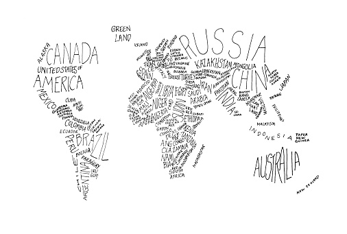 Handwritten names of most countries in the world shaped like a map.