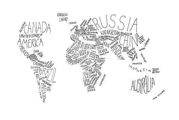 The world in white and grey words stock photo