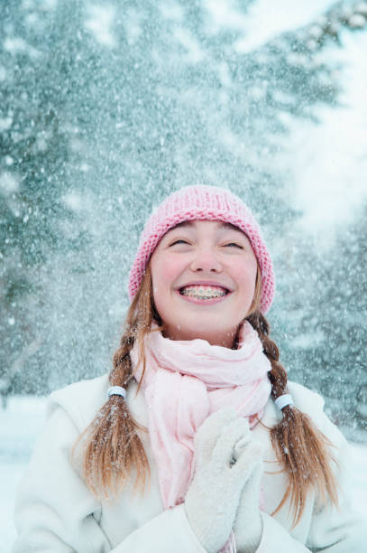 istock Young girl under falling snow. 154918435