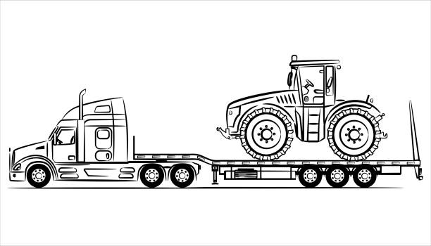 американский бортовой грузовик с прицепом абстрактный силуэт на белом фоне. - vehicle trailer trucking white outline stock illustrations