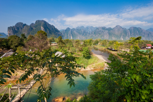 Vang Vieng in Laos - morning view over the small village that's a popular destination for backpackers