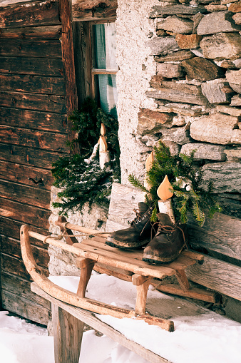 Special Christmas decorations outside a mountain hut (intentional colour manipulation)