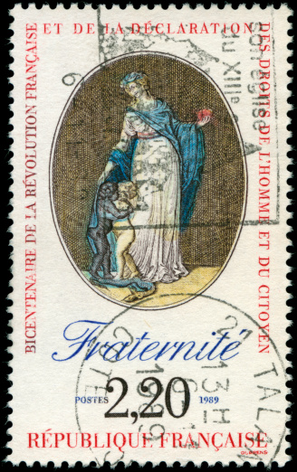 Stamp from 1989 commemorating the bicentennial year of the revolution, scanned on black background. In aRGB colorspace for optimal printing.