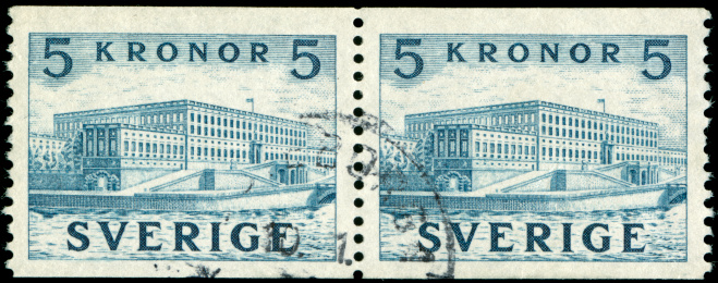 Sheet of two stamps from around 1970, with illustration of the Royal Palace in Stockholm, scanned on black background. In aRGB colorspace for optimal printing.