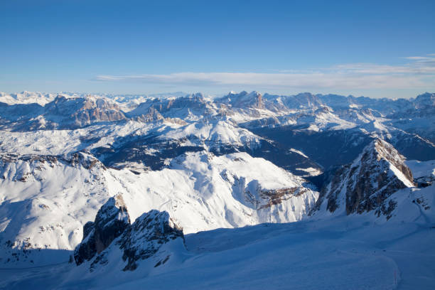 Panorama from Mt. Marmolada (3.432 meters) towards Cortina d'Ampezzo on a bright winter day