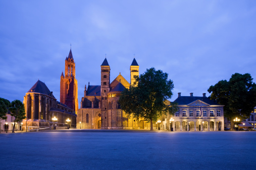 Vrijthof Square with the Saint Servatius Basilica and the St John Church in Maastricht, Netherlands