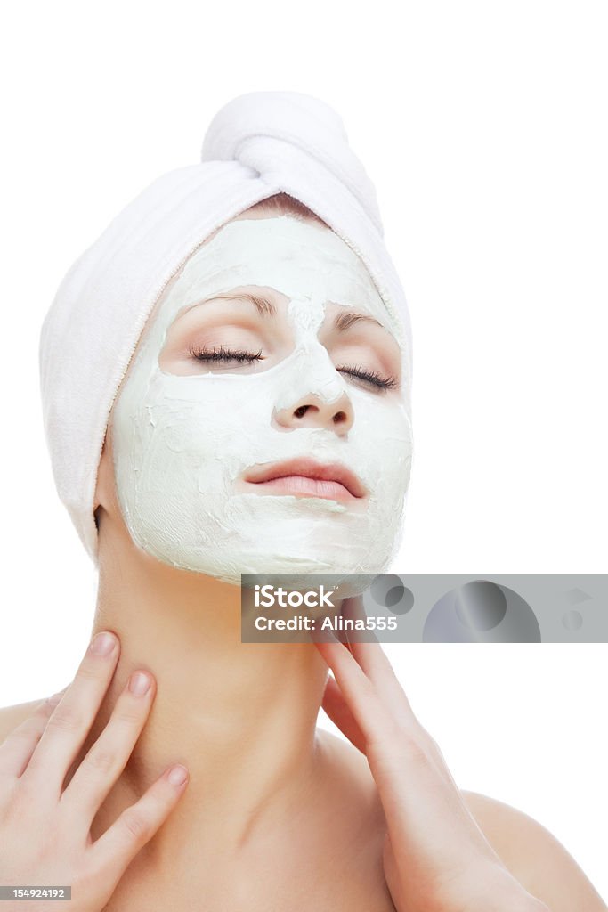 Série de Spa: Belle jeune femme avec Masque de beauté sur blanc - Photo de Gele libre de droits