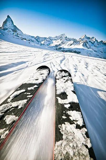 Motion blur from fast movement along a piste at the ski resort of Zermatt, Switzerland.
