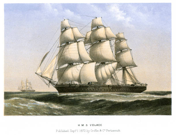 HMS Volage Vintage colour lithograph from 1872 of HMS Volage an iron screw corvette, ordered  in 1867 before being launched in 1869. She was broken up in 1904. ironclad stock illustrations