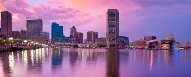 istock Baltimore Inner Harbor Amazing Sunset with Reflections on Water Panorama 154925146