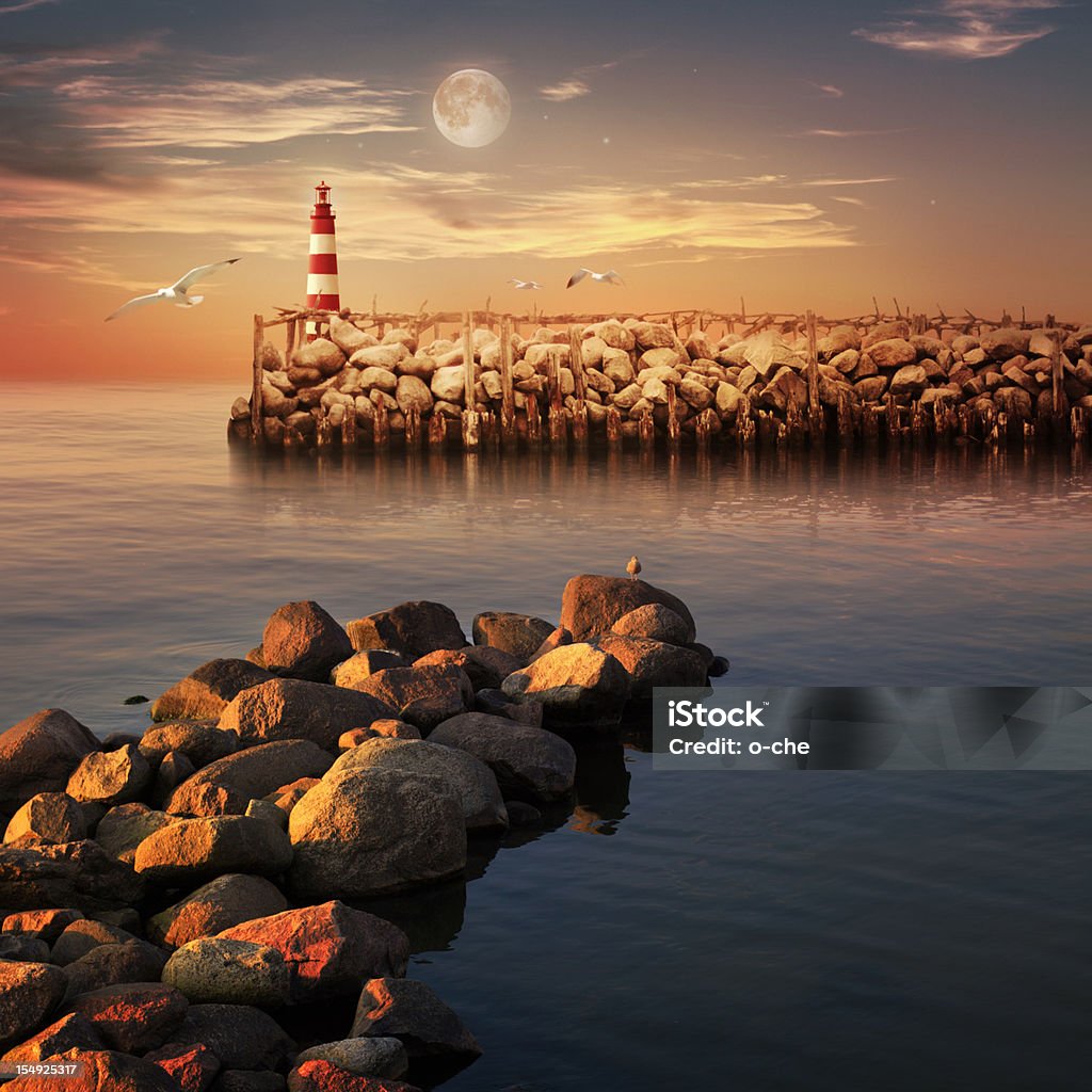 해질녘까지 바다빛 풍경 - 로열티 프리 등대 스톡 사진