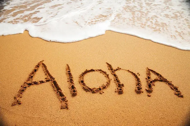 Inviting "Aloha" written in soft beach sand with surf approaching.