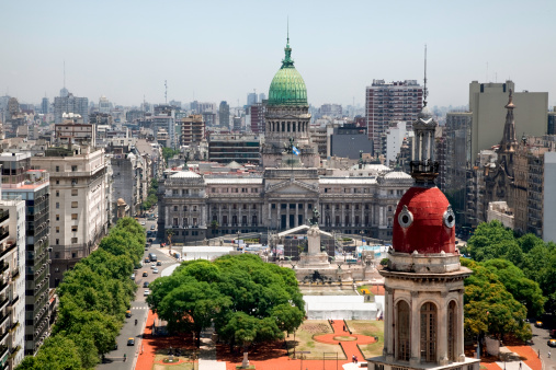 Domes of the capital of Buenos Aires taken from above in the most emblematic and historical diagonals of the city. Argentina.
