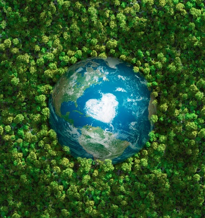 Ecology concept: aerial view of the earth whit a heart shaped cloud surrounded by a  healthy forest. Computer generated. Subtle grain texture added. Earth's maps courtesy of http://www.shadedrelief.com