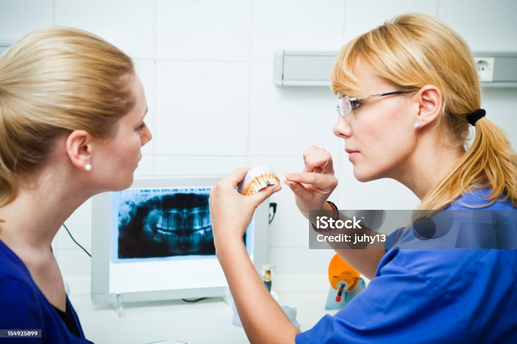 Dentist showing patient a model of teeth Lady dantist showing dental implant to the patient Restoring Stock Photo