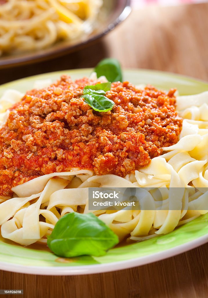 Bolognese tagliatelle Tagliatelle Bolognese style Basil Stock Photo