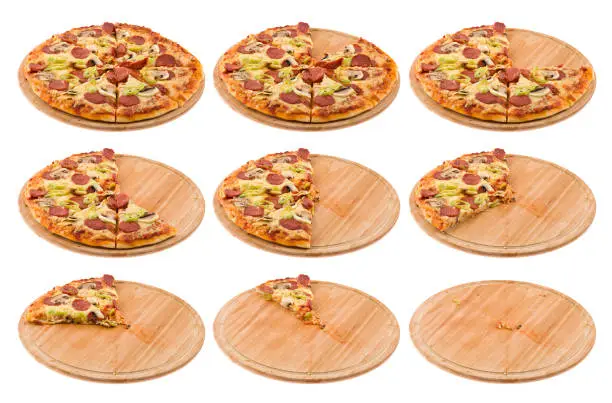 Progressive stages of a pizza being eaten.