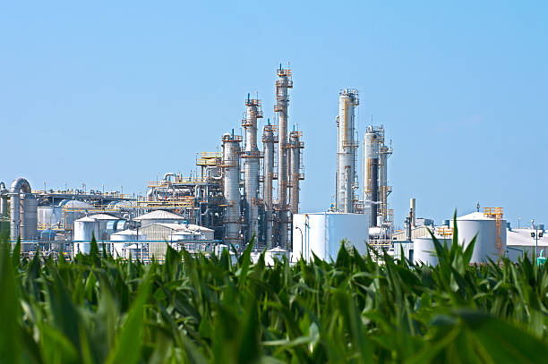 Ethanol Plant by Corn Field A sprawling industrial ethanol plant transforming corn as seen in the foreground into biofuel. biofuel photos stock pictures, royalty-free photos & images