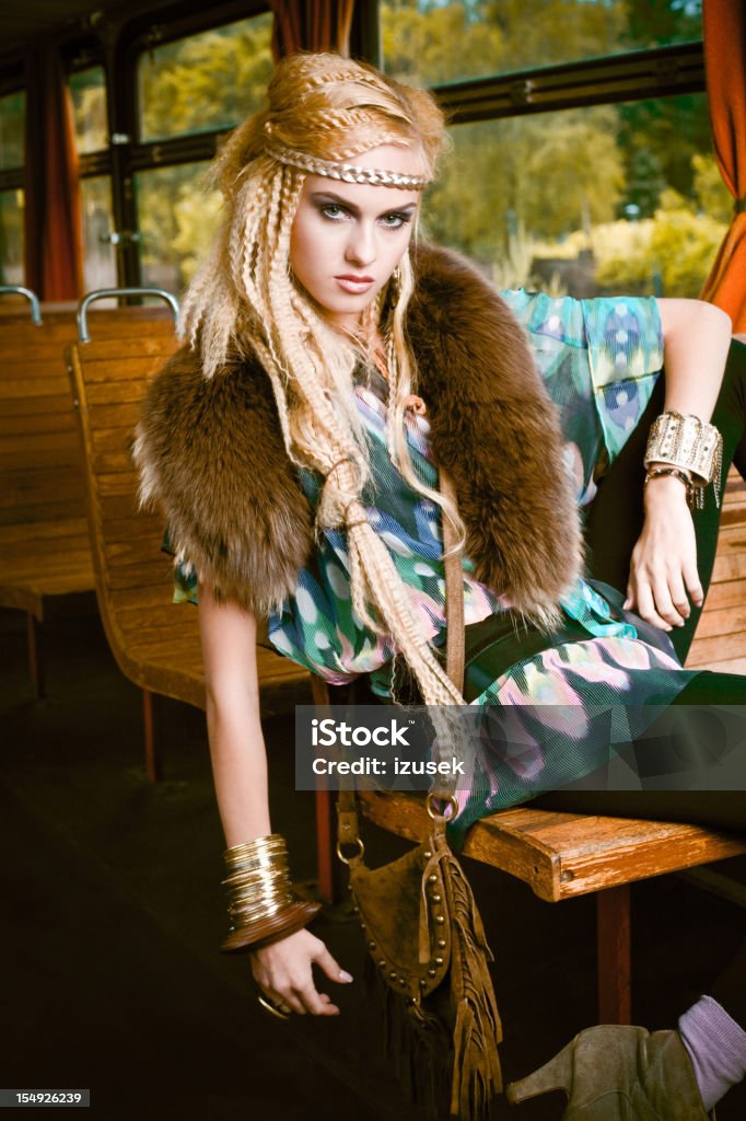 Beautiful blonde in a vintage train  20-24 Years Stock Photo