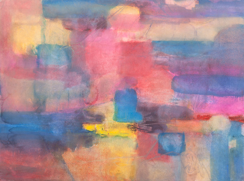 An abtract painting with a lot of pastel pink and mauve colors and shapes.