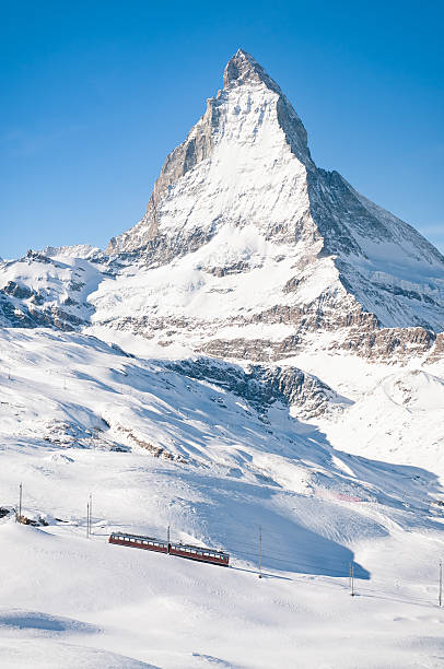 The railway ski lift in the Swiss resort of Zermatt, with the Matterhorn behind. 