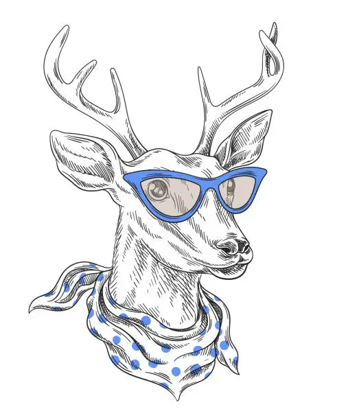 Vector illustration of Hand drawn deer with blue glasses