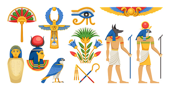 Egypt symbols set. Landmarks of desert Egypt and religious element. Anubis, sun god Ra, pharaoh, Eye of Providence and bird. Sticker design. Cartoon flat vector collection isolated on white background