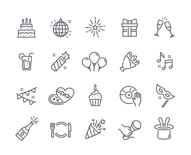 zestaw prostych ikon związanych z imprezą - party hat birthday celebration party stock illustrations