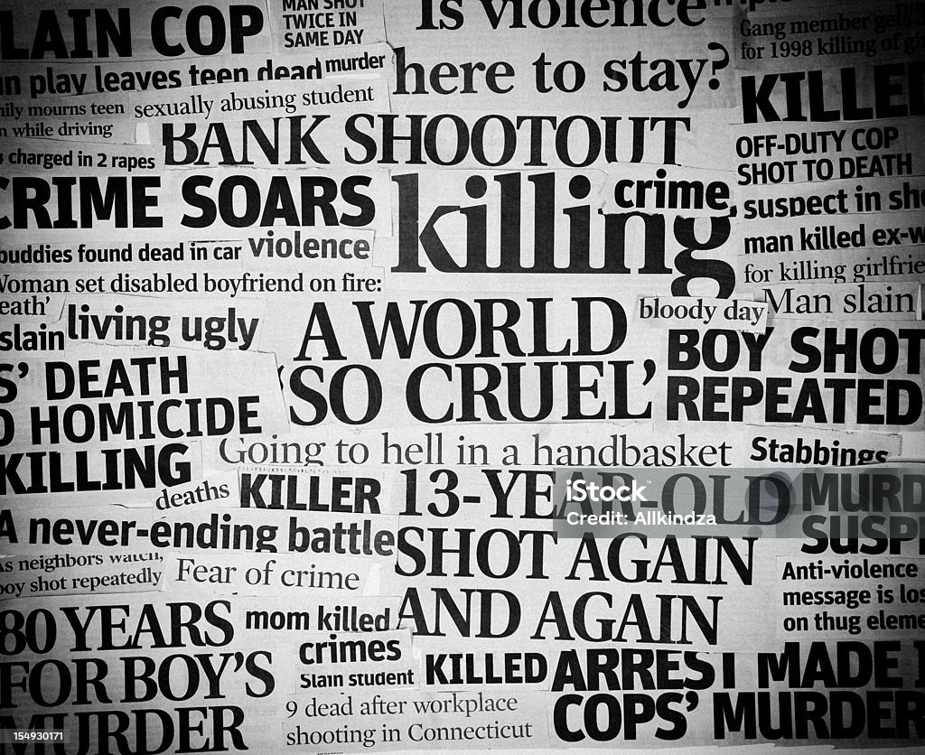 Cruel World headline collage A  grungy, grainy black and white collage made up of newspaper clippings pertaining to topic of the violence and crime found in the world Newspaper Headline Stock Photo