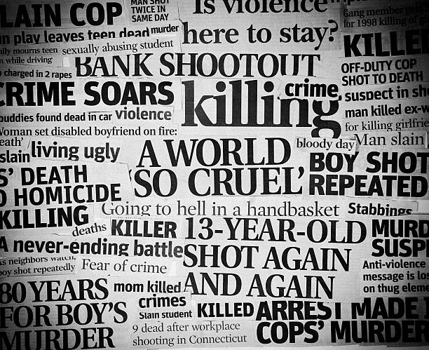 Cruel World headline collage A  grungy, grainy black and white collage made up of newspaper clippings pertaining to topic of the violence and crime found in the world newspaper headline photos stock pictures, royalty-free photos & images