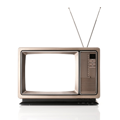 Vintage television with rabbit ears. The file has a clipping path around the whole TV, rabbit ears and screen.