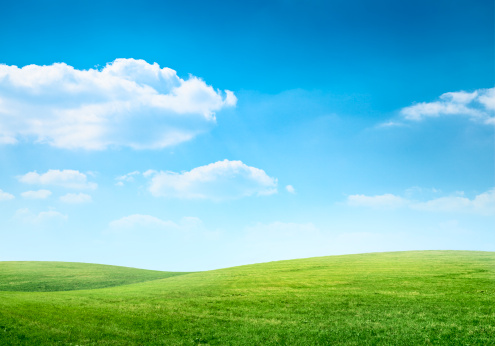 Digital composition of green meadow and blue sky