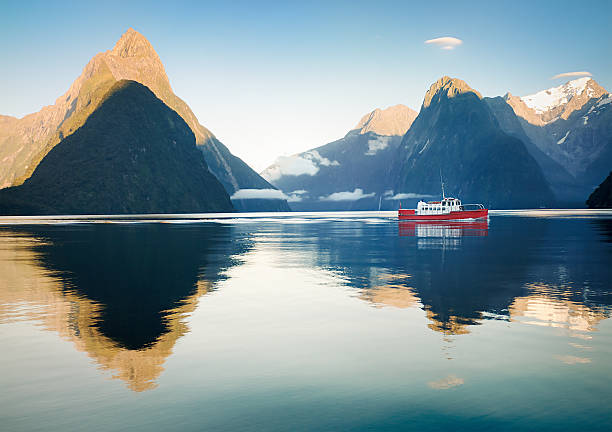 Boat in Milford Sound A boat at dawn, cutting through the calm water of Milford Sound, the iconic landscape within the Fiordland National Park on New Zealand's South Island. milford sound stock pictures, royalty-free photos & images