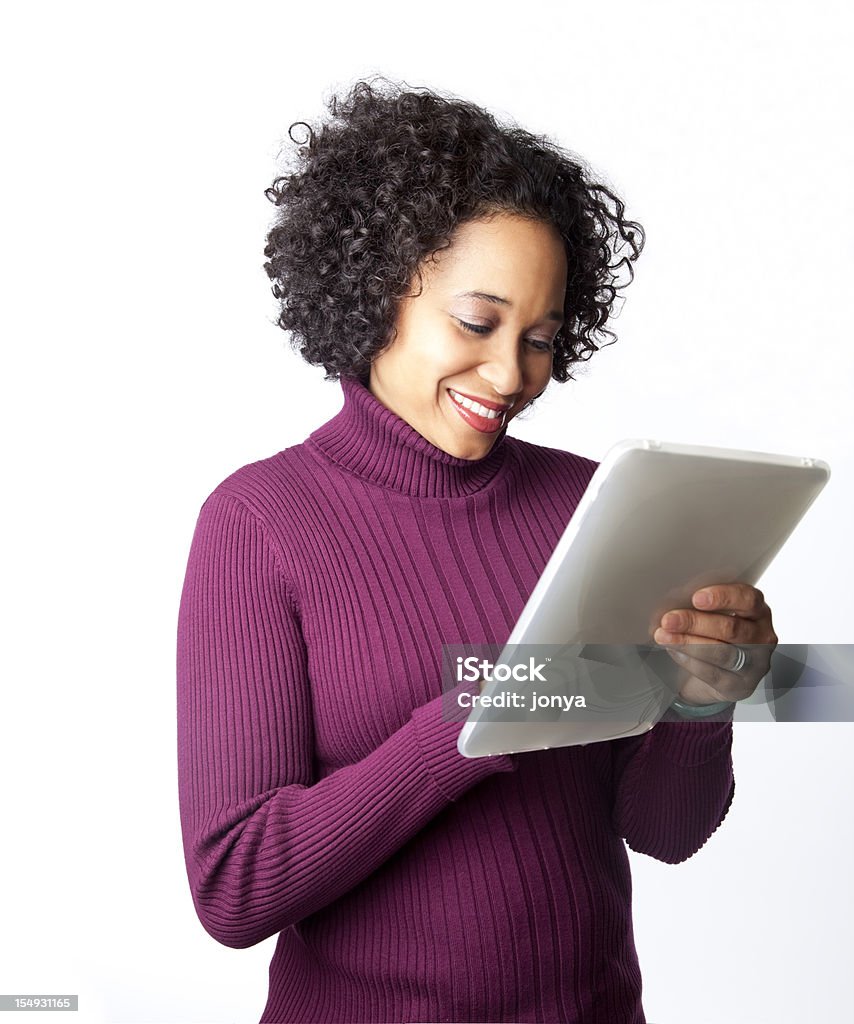 웃는 여자 터치 스크린 태블릿 - 로열티 프리 여자 스톡 사진