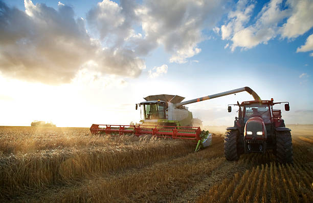красный трактор и объединения - tractor agriculture field harvesting стоковые фото и изображения