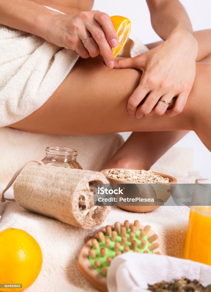 Body Care. Exfoliation Cellulite Massage. Organic. Orang, Oats, Sponge.  Cellulite Stock Photo